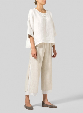 Lily White Linen Handmade Knot Button Patterned Top