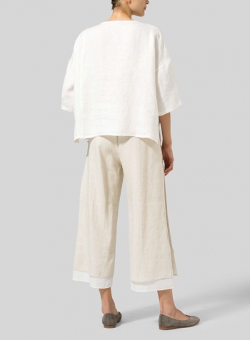 Lily White Linen Handmade Knot Button Patterned Top