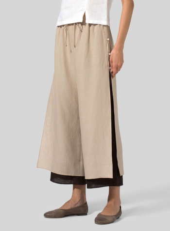 Beige Brown Linen Double-Layer Cropped Pants With Sea Shell Button