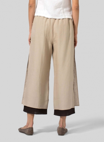 Beige Brown Linen Double-Layer Cropped Pants With Sea Shell Button