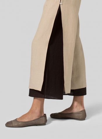 Beige Brown Linen Double-Layer Cropped Pants With Sea Shell Button