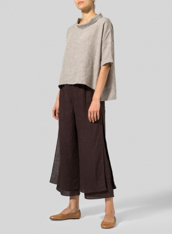 Two Tone Oat Brown Linen Band Collar Boxy Top