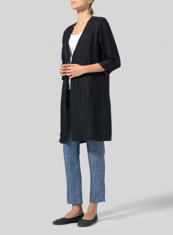 Black Linen Straight Fit V-Neck Long Jacket