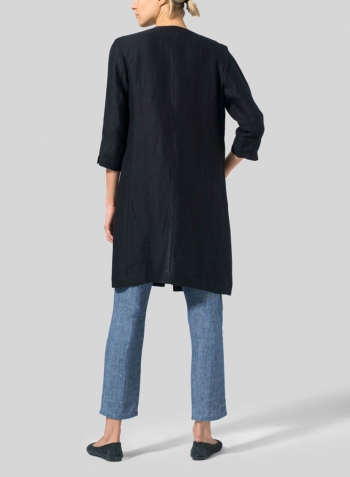 Black Linen Straight Fit V-Neck Long Jacket