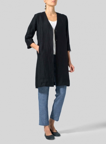 Black Linen Straight Fit V-Neck Long Jacket