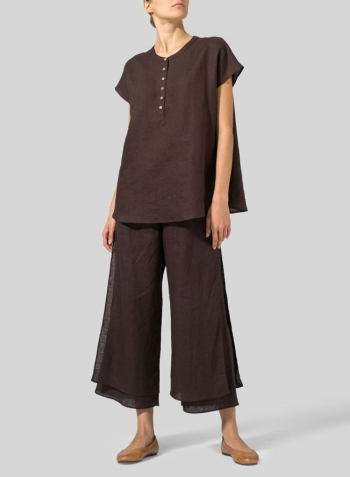 Brown Linen Cape Sleeves Lightweight Top Set