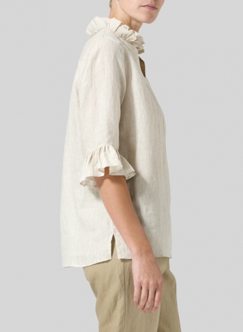 Light Beige Linen Ruffle Stand Collar Top