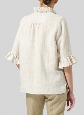 Light Beige Linen Ruffle Stand Collar Top