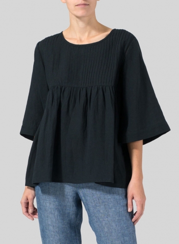 Black Linen Hand-Made Pleated Bell Sleeve Blouse