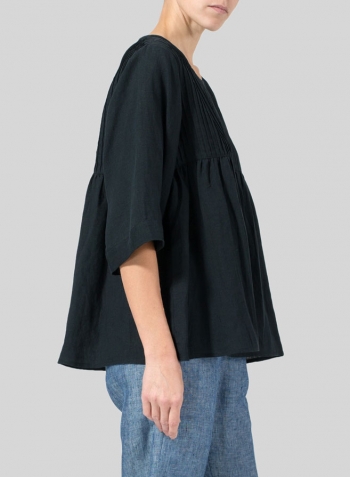 Black Linen Hand-Made Pleated Bell Sleeve Blouse