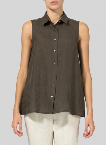 Dark Olive Brown Light Weight Linen Sleeveless A-shape Top