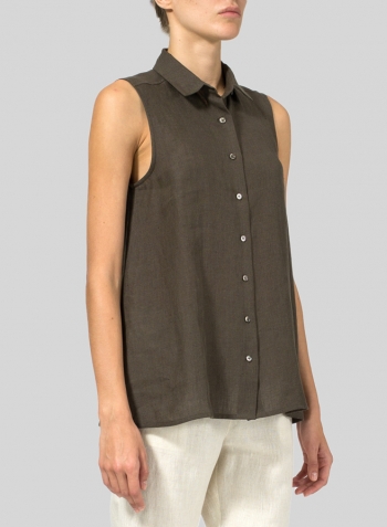 Dark Olive Brown Light Weight Linen Sleeveless A-shape Top