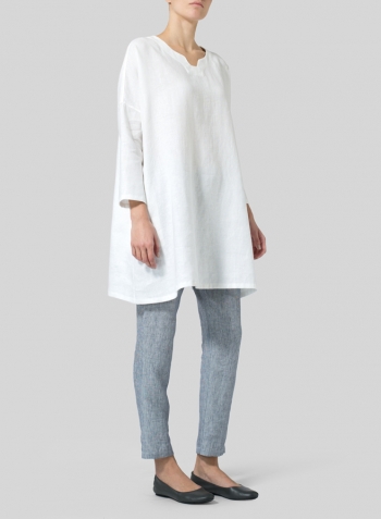 White Linen Decolletage Neckline Long Tunic