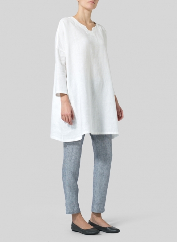 White Linen Decolletage Neckline Long Tunic