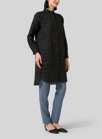 Multi-color Black Plaid Linen Stand Collar Long Shirt