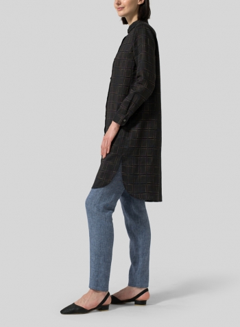 Multi-color Black Plaid Linen Stand Collar Long Shirt
