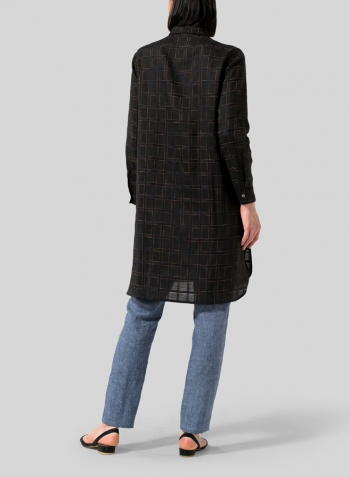 Multi-color Black Plaid Linen Stand Collar Long Shirt