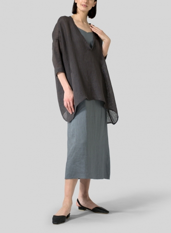 Green Gray Linen Spaghetti Strap Long Dress Set