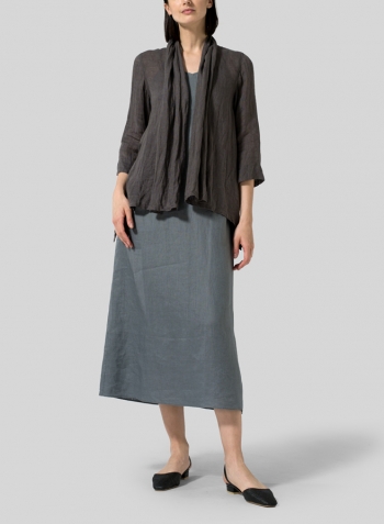 Dark Charcoal Gauze Linen Shawl Collar Jacket With Dress