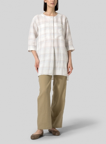 Almond Plaid Linen Chest Pocket Checker Tunic