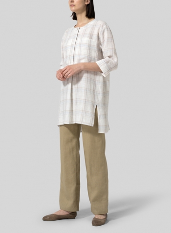 Almond Plaid Linen Chest Pocket Checker Tunic