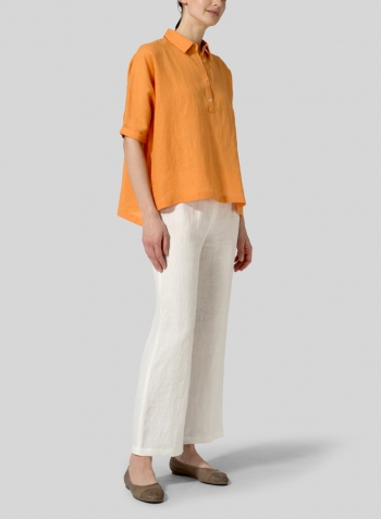 Orange Linen Classic Collar Short Sleeves Shirt