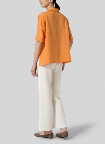 Orange Linen Classic Collar Short Sleeves Shirt