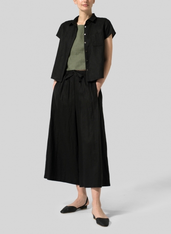 Black Linen Short Sleeve Mini-point Collar Shirt