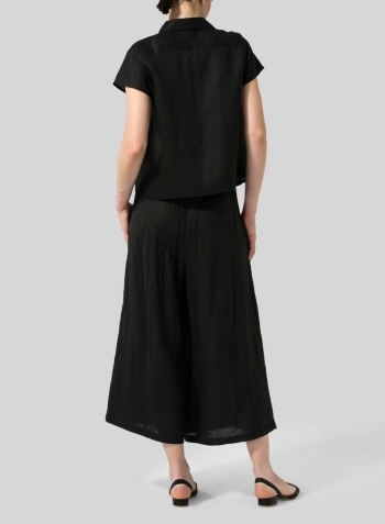 Black Linen Short Sleeve Mini-point Collar Shirt