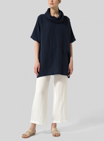 Navy Blue Linen Turtleneck Tunic