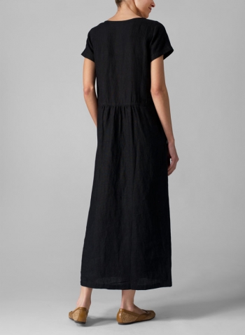 Black Linen Short Sleeve Dress