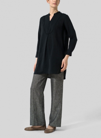 Black Linen Tuxedo Front Long Blouse