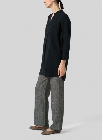 Black Linen Tuxedo Front Long Blouse