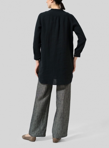 Black Linen Tuxedo Front Long Blouse