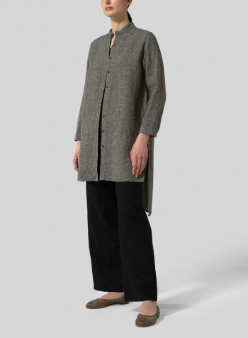 Two Tone Charcoal Linen Mandarin Collar High-Low Jacket