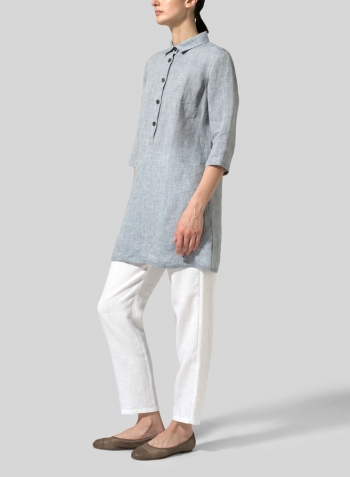 Two Tone Gray Linen Straight Fit Shirt Collar Tunic