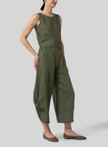 Khaki Green Linen Sleeveless Short Tank Set
