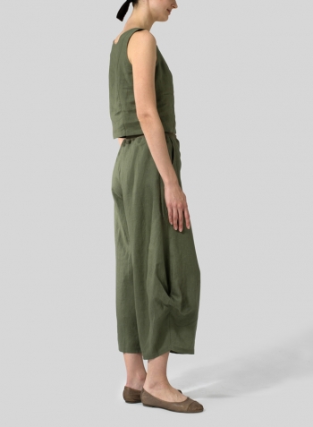 Khaki Green Linen Sleeveless Short Tank Set