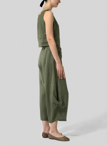 Khaki Green Linen Sleeveless Short Tank Set