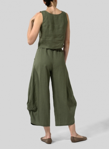 Khaki Green Linen Sleeveless Short Tank Set