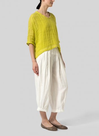 Yellow Woven Linen Deep V-neck Top