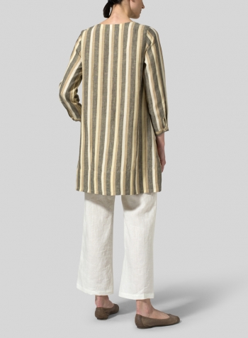 Khaki Beige Stripe Linen Long Sleeve Slip-On Shift Dress