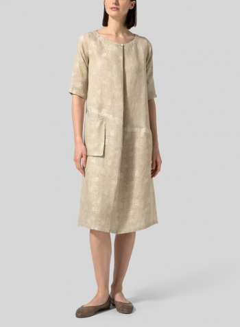 Oat Linen Jacquard Long Center Pleated Dress