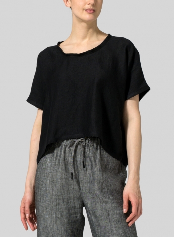 Black Twill Linen Classic Dropped Shoulder Top