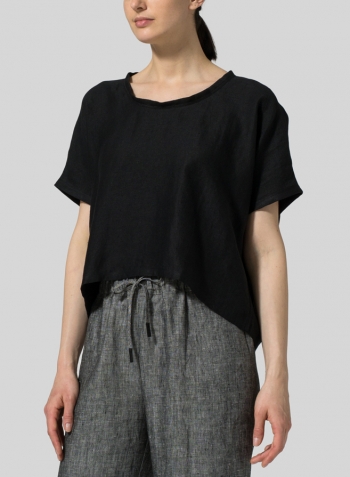 Black Twill Linen Classic Dropped Shoulder Top