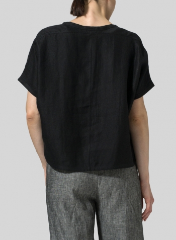 Black Twill Linen Classic Dropped Shoulder Top