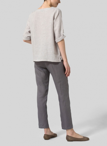 Gray White Check Linen Boat Neck Three-quarter Sleeve Top