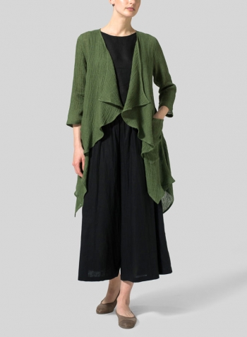 Dark Green Linen Gauze Waterfall-Front Jacket