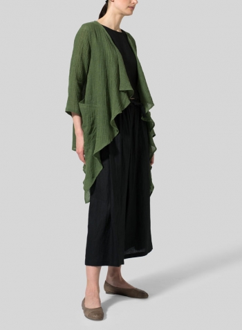 Dark Green Linen Gauze Waterfall-Front Jacket
