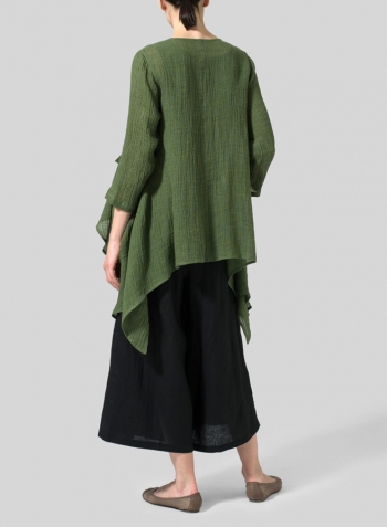 Dark Green Linen Gauze Waterfall-Front Jacket